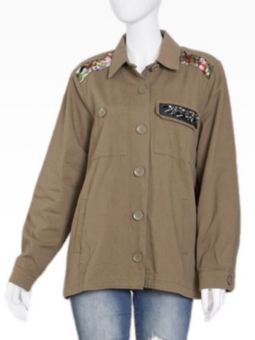 Ces Femme Olive Embroidered Button-Front Shacket NWOT oversized small 23 ptp